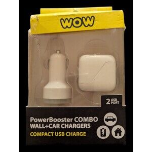 WOW PowerBooster Combo Wall + Car Chargers Compact USB Charge 2 USB Port Cbn Shp